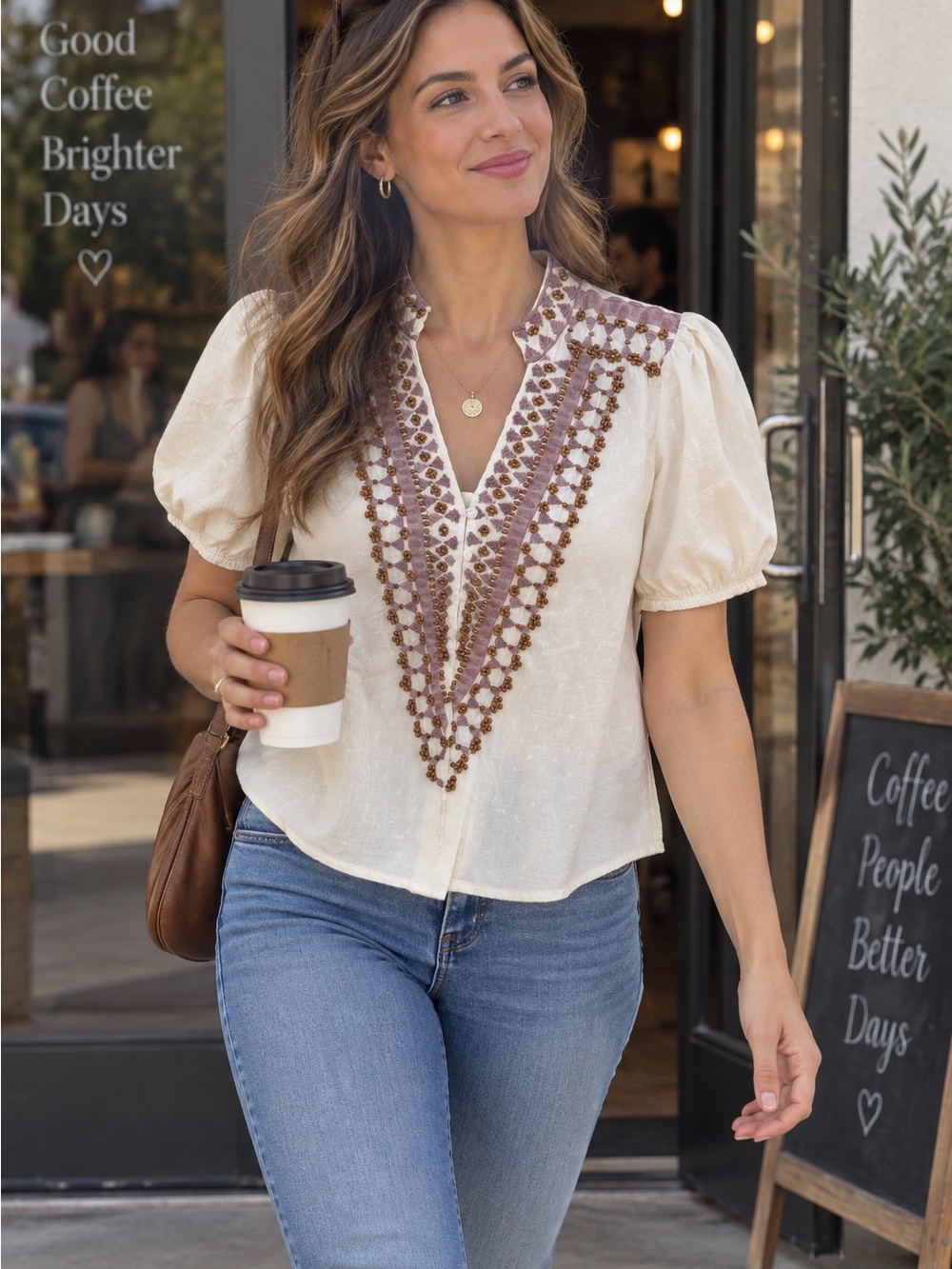 Forever That Girl Anthropologie Cream Embroidered peasant, blouse shirt